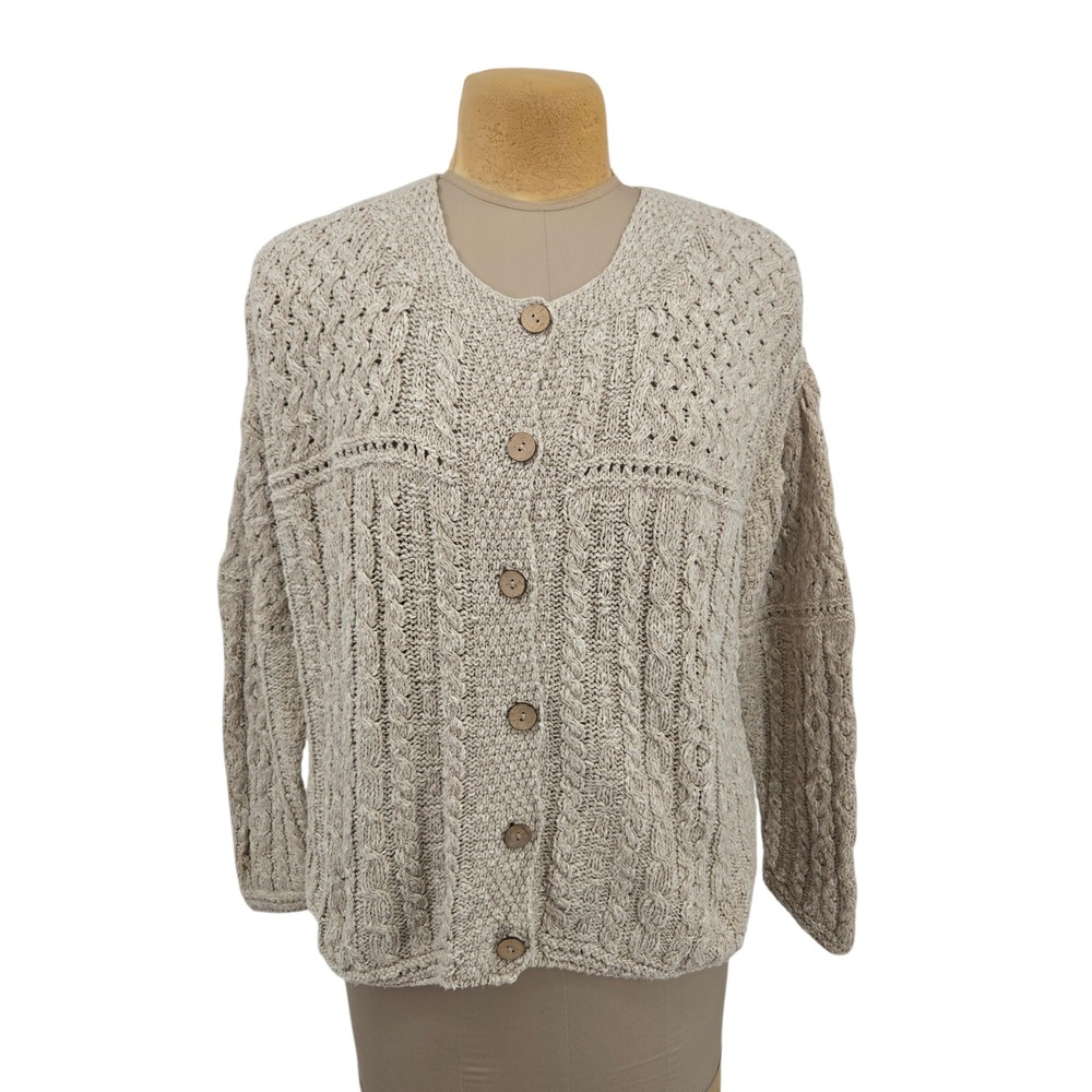 Carraig Donn Cardigan Sweater Womens XL Beige Cotton Linen Knit Made in Ireland